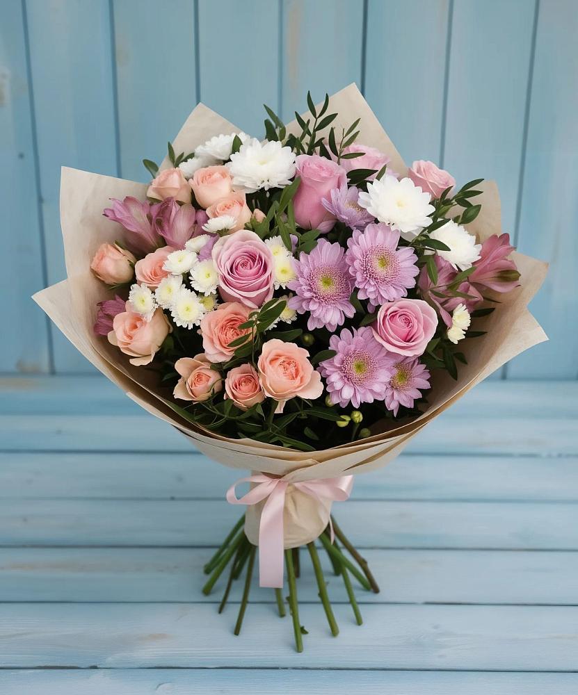 Букет цветов из: Хризантемы, Розы и Альстромерии в Карымском