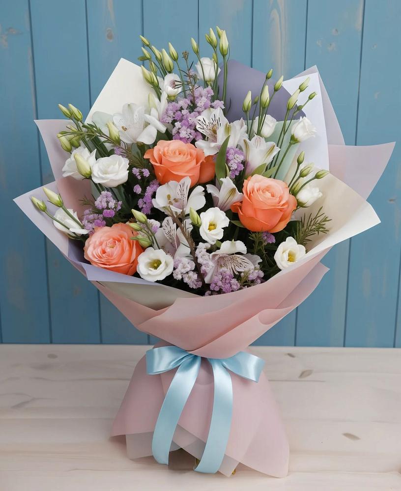 Букет цветов из: Лизиантусы, Розы, Альстромерии и Гипсофила в Карымском