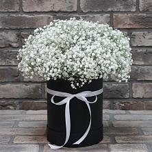 Цветочная композиция из Гипсофила в шляпной коробке в Карымском