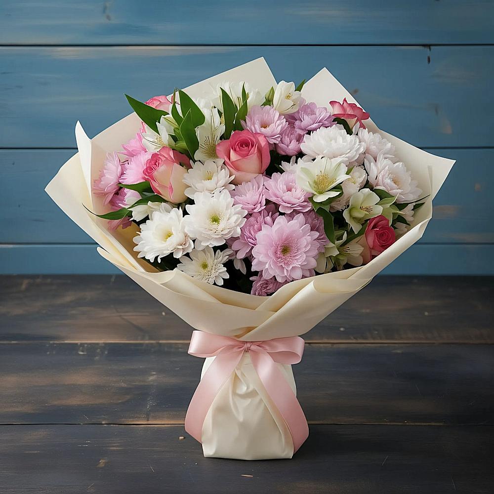 Букет цветов из: Хризантемы, Альстромерии и Розы в Карымском